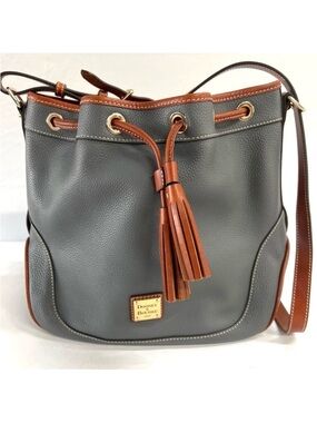 Dooney & Bourke Gray Leather Drawstring Crossbody with Brown Trim